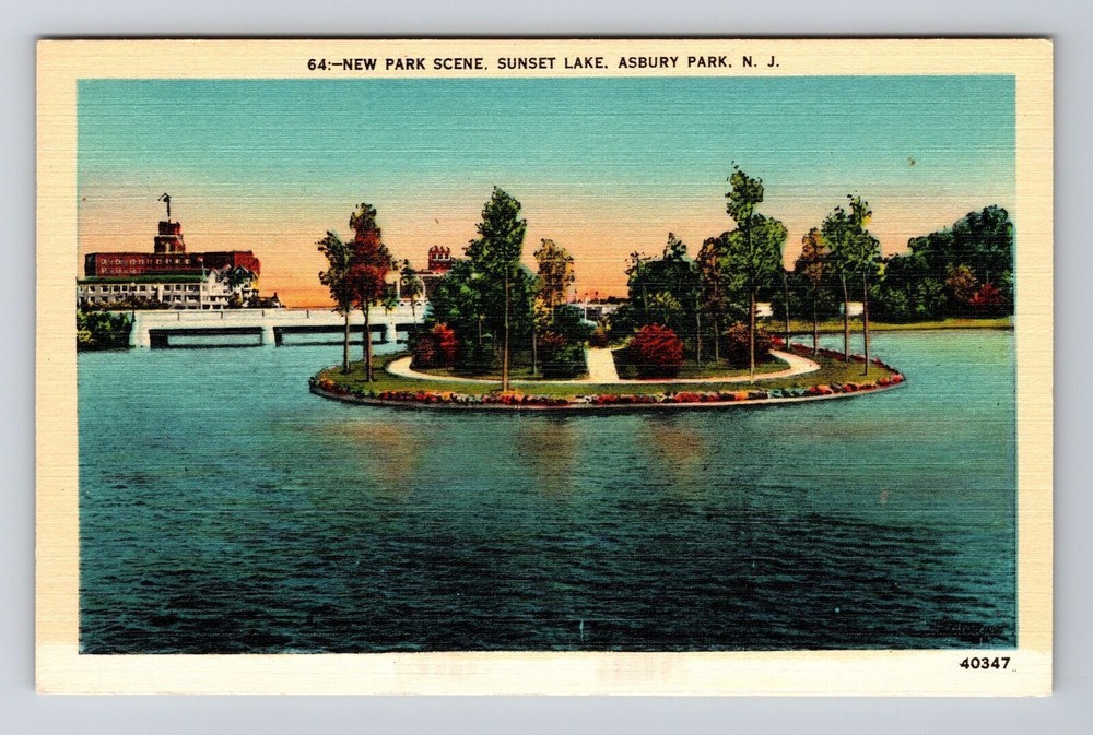 Asbury Park NJ-New Jersey, New Park Scene, Sunset Lake, Vintage Postcard
