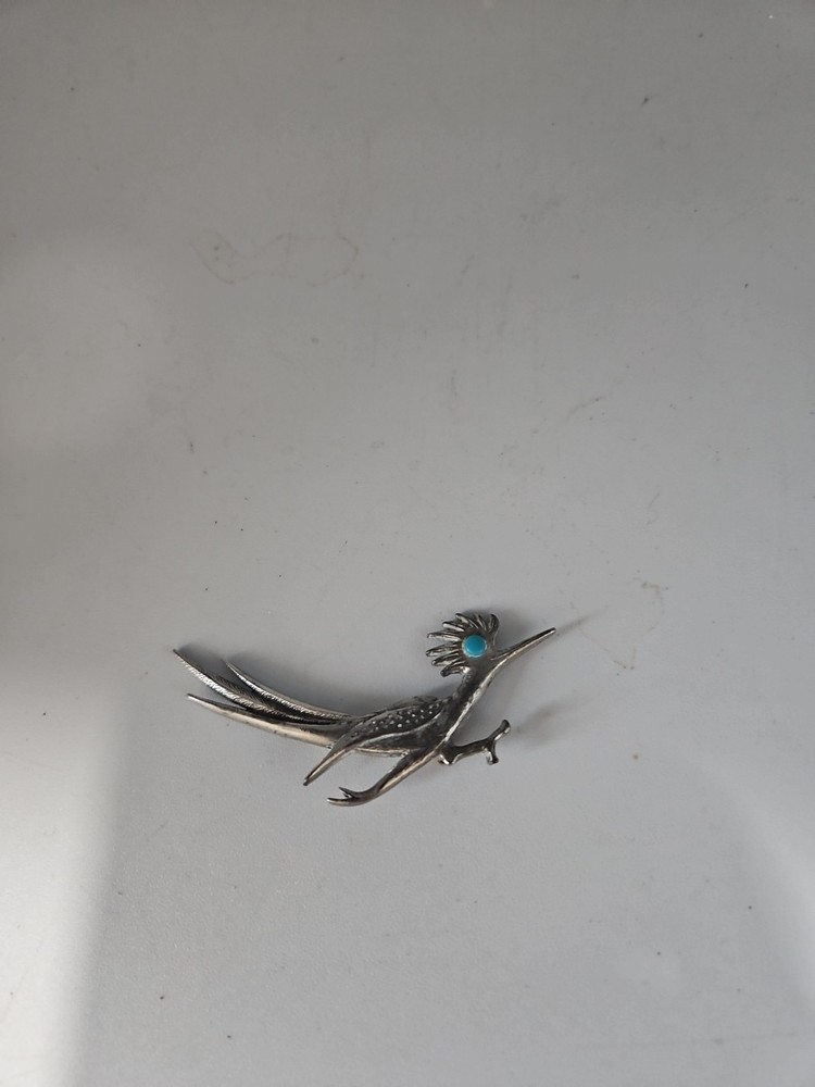 Vintage Stamped J Ritter Roadrunner Bird Brooch Pin Faux Turquoise Pewter