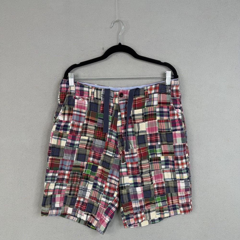 J Crew Shorts Mens 33 Multicolor Madras Plaid Patchwork Chino Drawstring Preppy