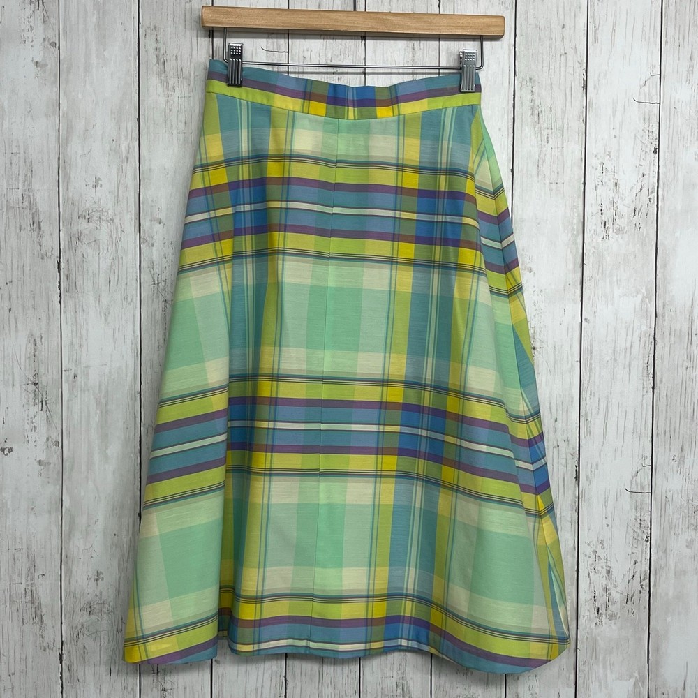 Vintage 70s/80s Plaid A Line Lightweight Picnic Grandma High Waist Midi Skirt