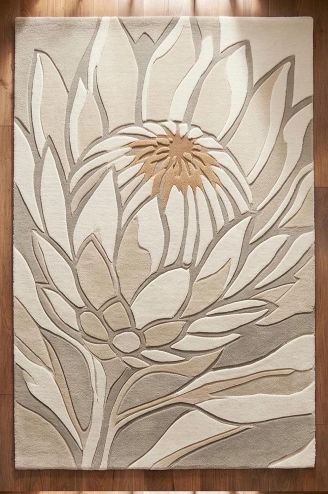 Neutral Floral Hand Tufted Wool Rug, Beige Cream Botanical Modern Area Rug.