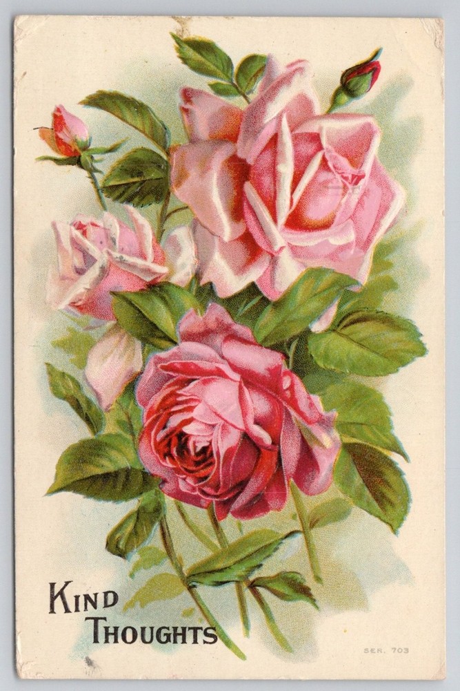 1909 Kind Thoughts Pink Roses Postcard Newark NJ Postmark