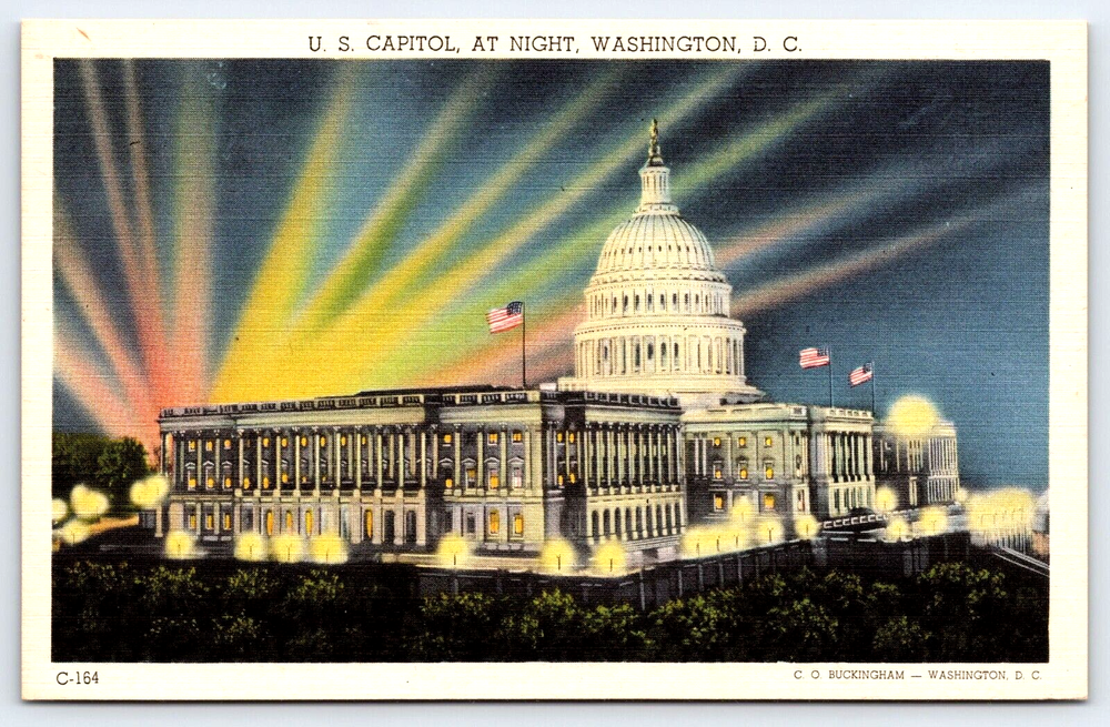 VINTAGE OLD ANTIQUE POSTCARD U.S. CAPITOL AT NIGHT WASHINGTON D.C. USA
