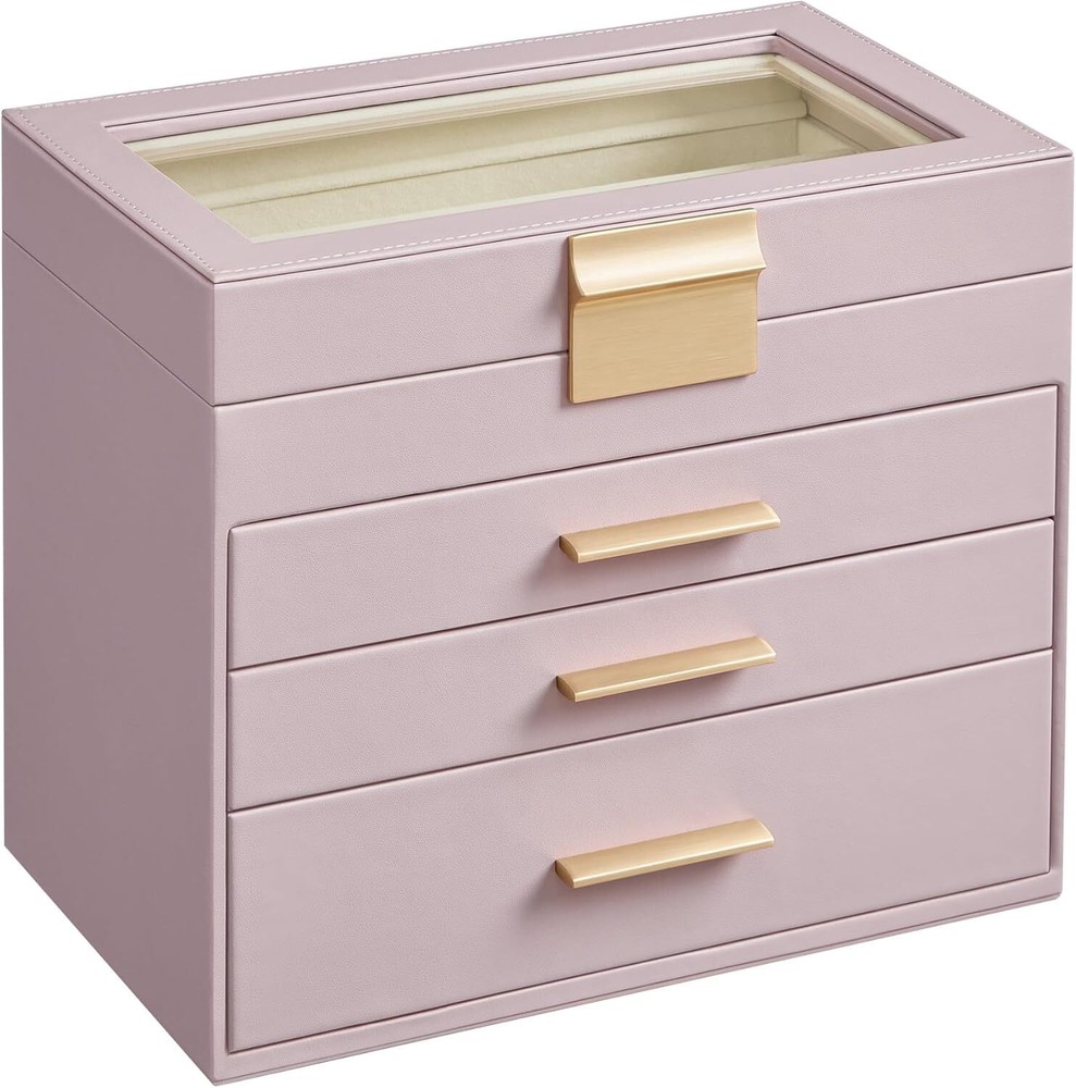 Jewelry Box with Glass Lid, 4-Layer Jewelry Organizer, 3 Drawers