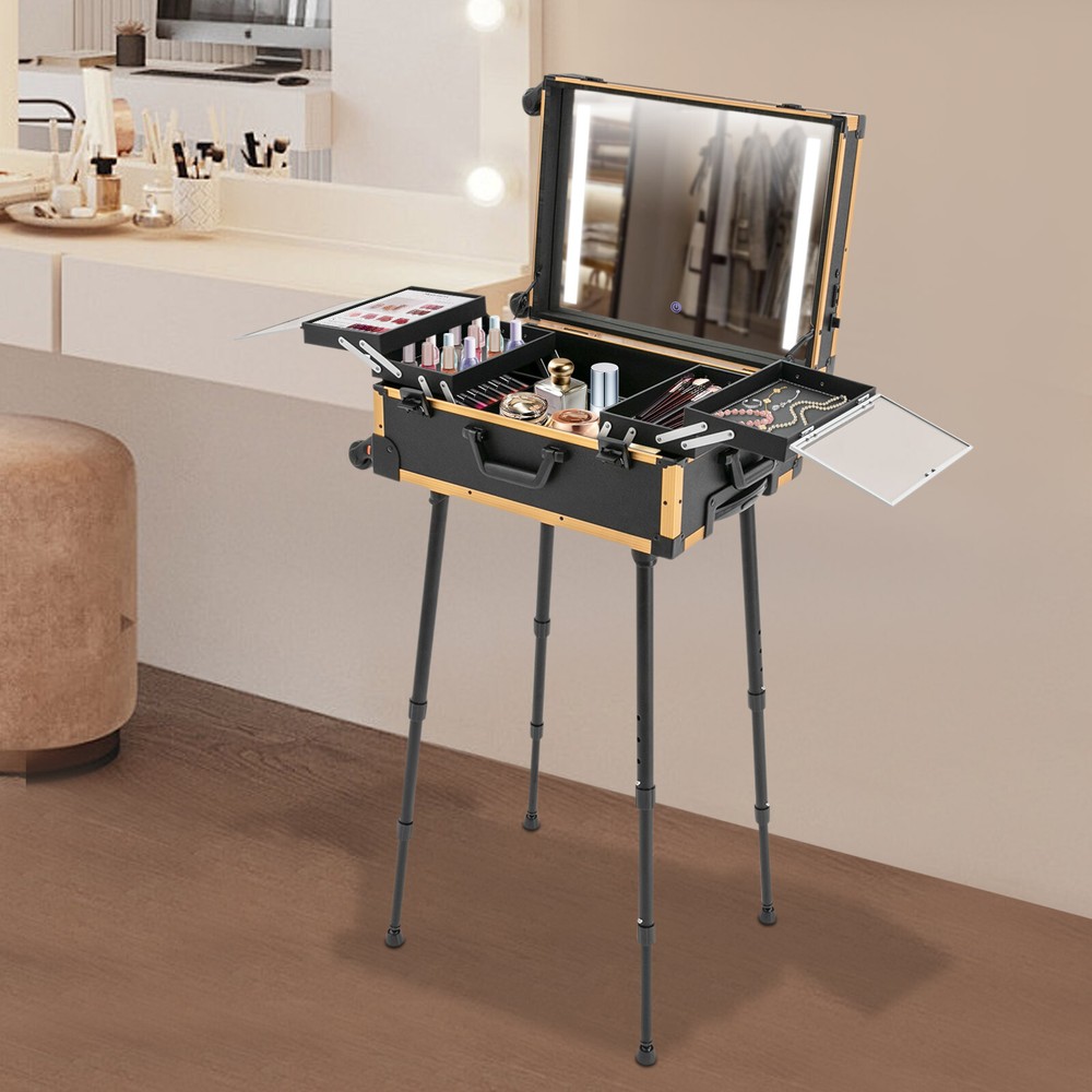Rolling Makeup Case Trolley Train Box Organizer with LED Lighted Mirror