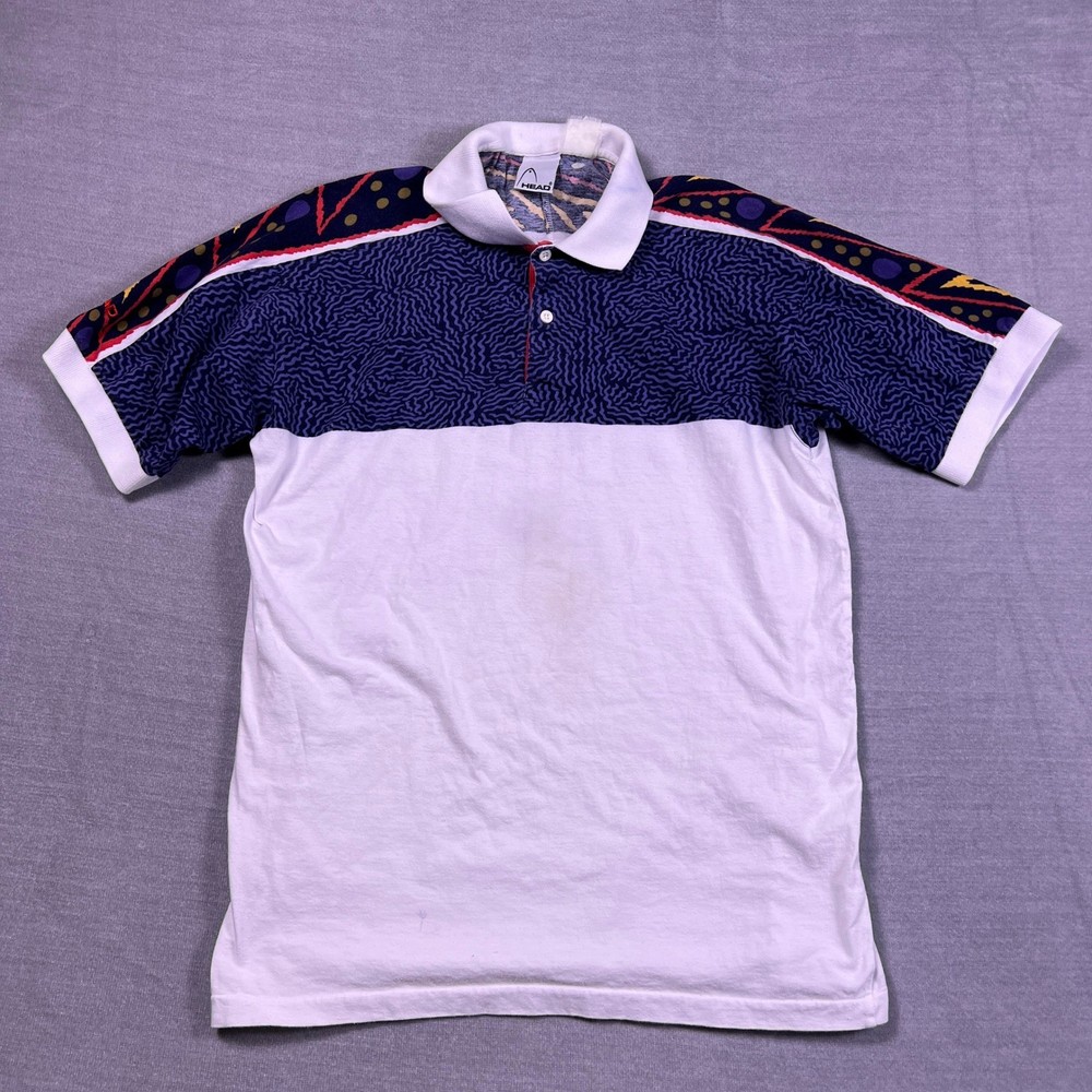 HEAD Vintage Abstract Graphic Polo Shirt Mens Medium White Blue-image