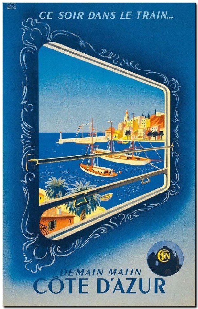 Vintage Cote d'Azur Train Travel Framed Canvas Art 18x12