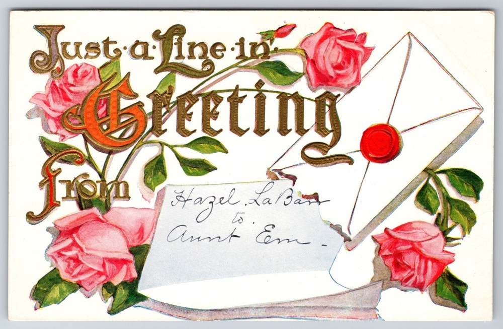 Just A Line In Greeting Wax Sealed Letter Pink Roses Embossed Postcard