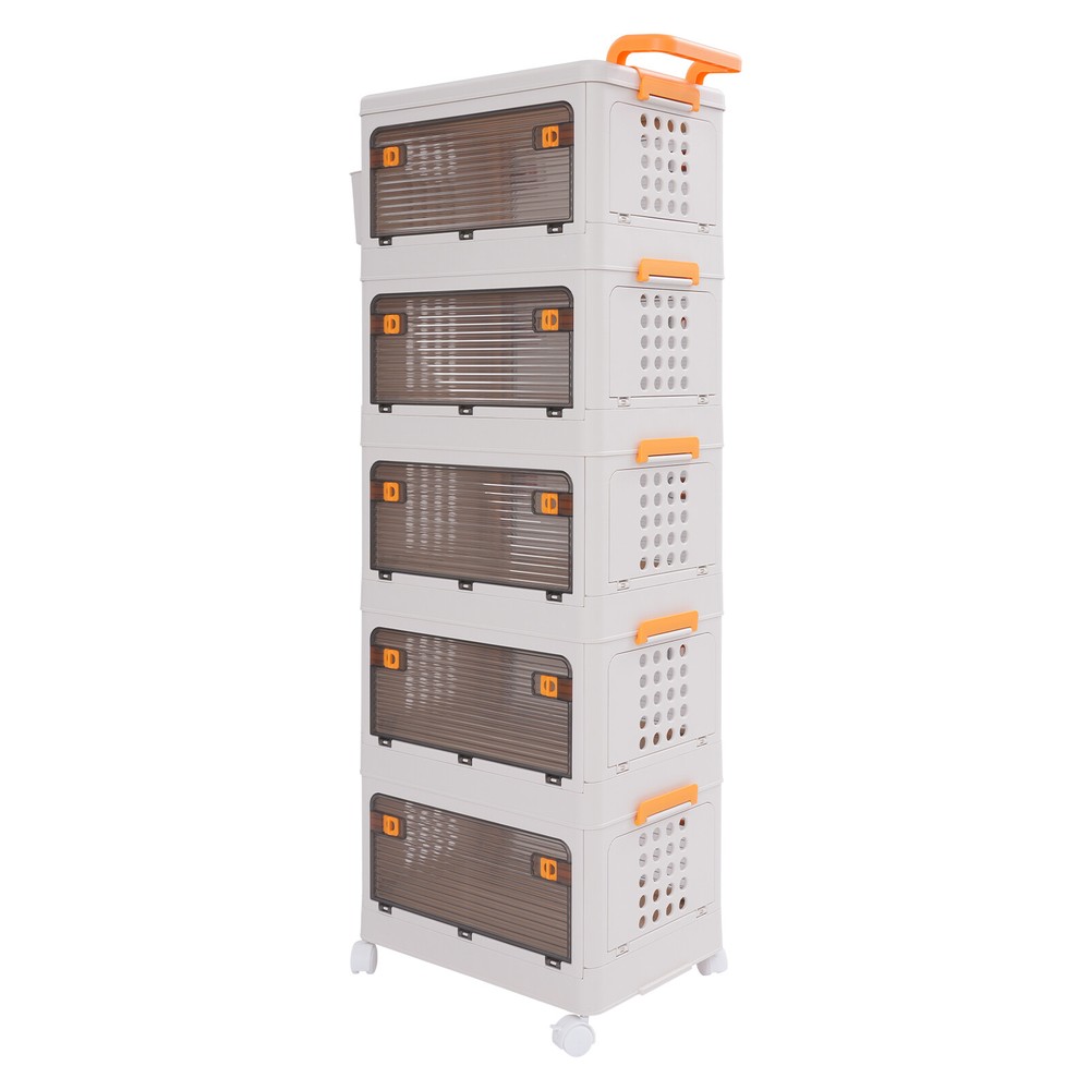5 Tier Storage Bin Box Stackable Cabinet Organizer W/ Doors And Wheels NEW