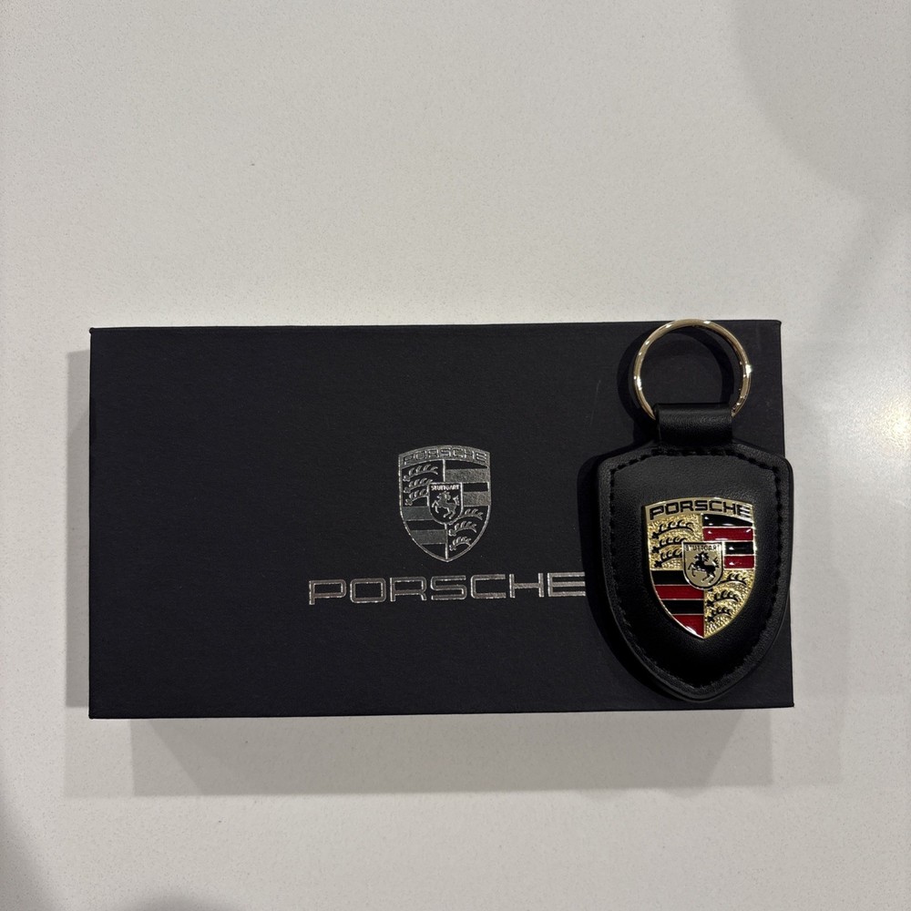 NEW - PORSCHE BLACK Emblem Crest Leather Keychain Key Ring Fob - OEM GIFT SET