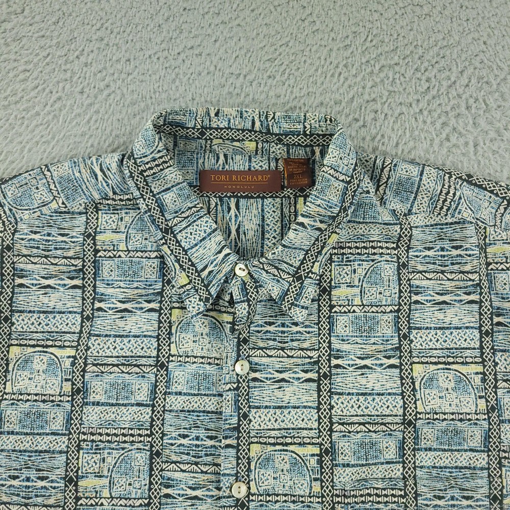 Tori Richard Shirt Mens 2XL Blue Geometric Hawaiian Aloha Button Front USA