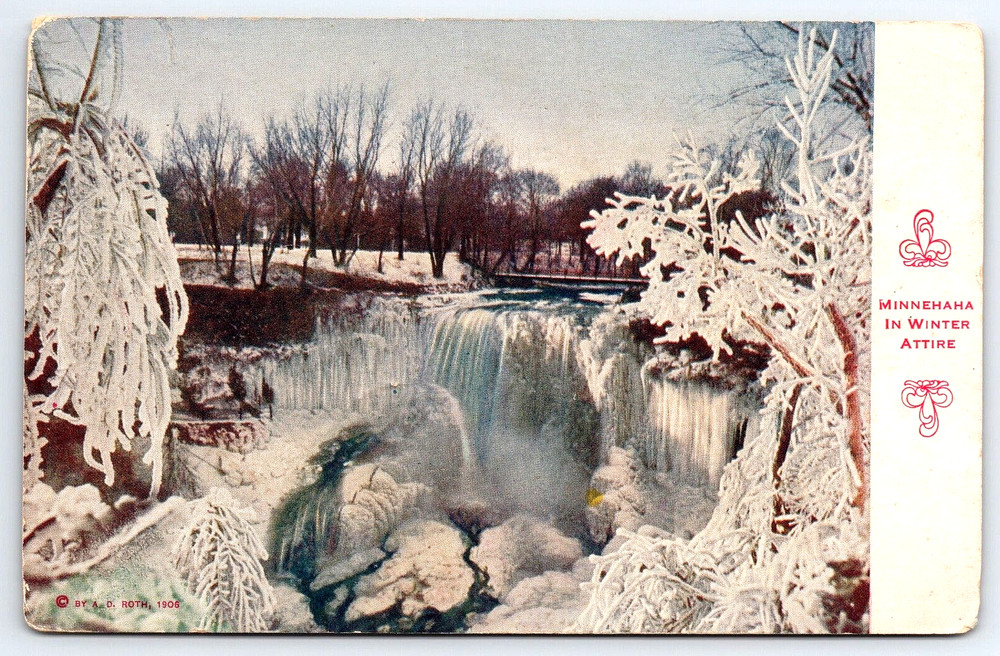 Vintage Old Outdoor Postcard Minnehaha Water Fall Winter Ice Minneapolis USA