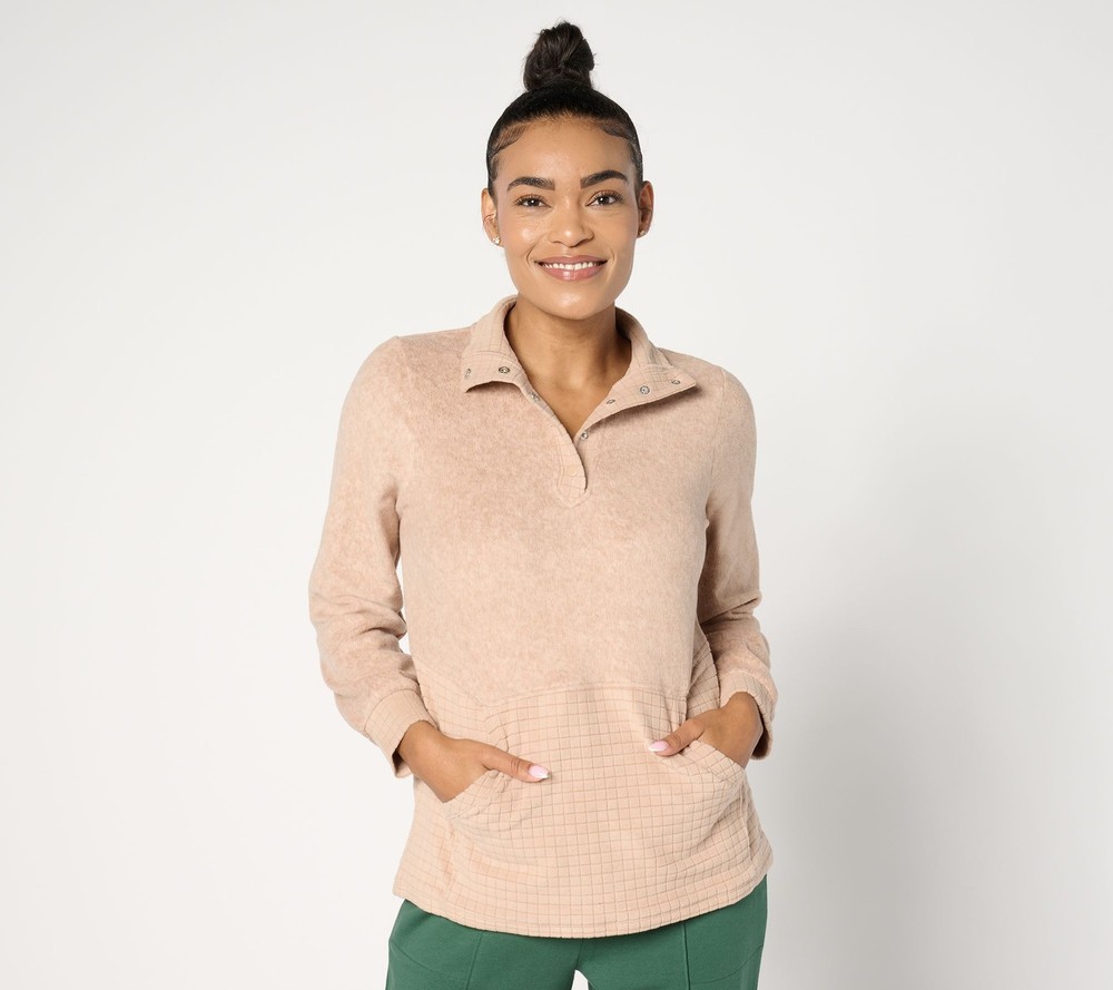 Cuddl Duds Women's Top Plus Sz 1X Fleecewear Grid Snap Front Pink A663015