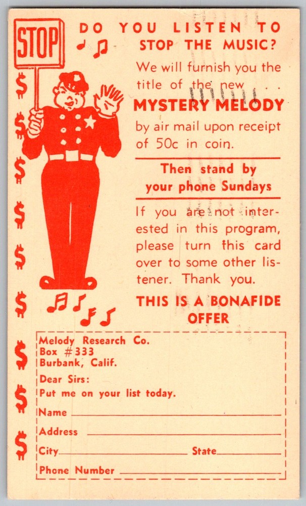 Vtg Postcard Stop The Music Radio Burbank, CA 1940s