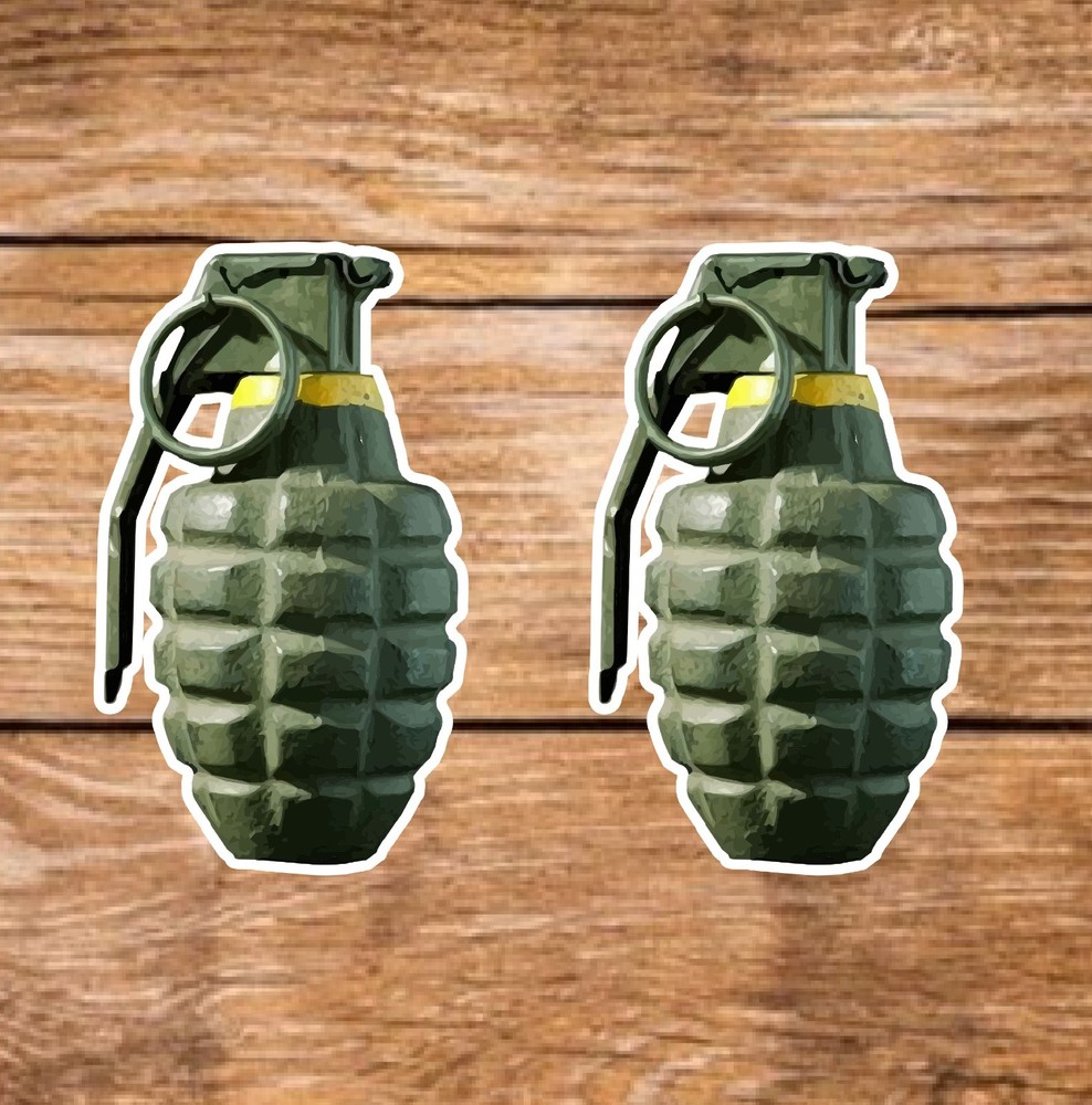 Grenade (2 Stickers) 3.5in x 2in, Water Resistant, Matte Finish Vinyl.