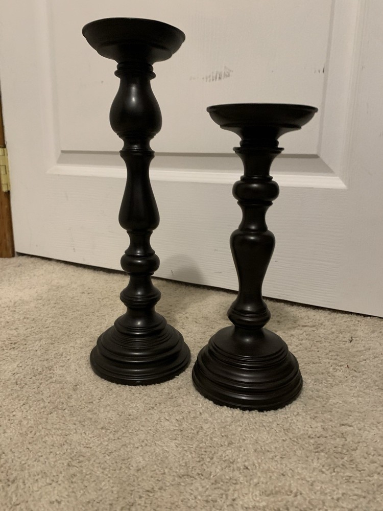 Pair Black Wooden Candlestick Holders Distressed Farmhouse Vintage Decor