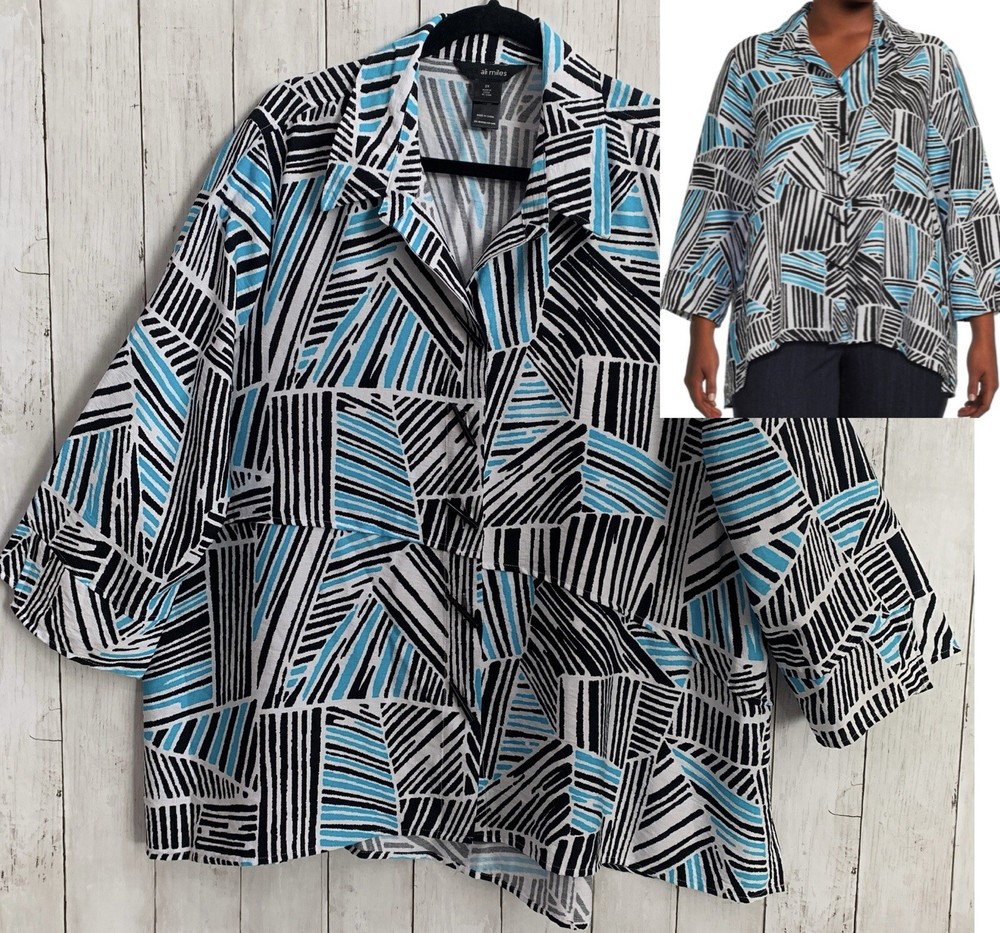 Top túnica Ali Miles para mujer talla 2X azul manga 3/4 abotonada asimétrica nueva con etiquetas