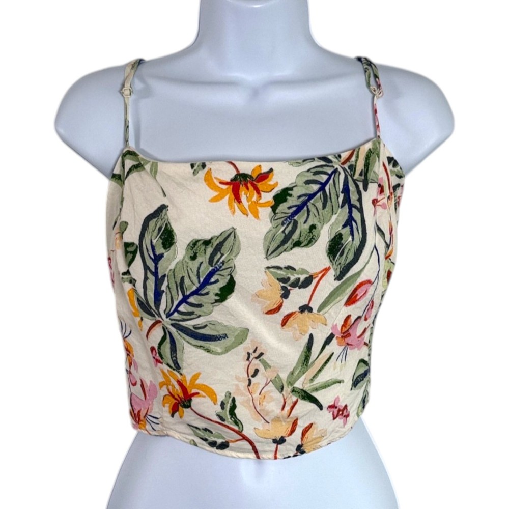 Linen Blend Floral Smocked Crop Top Sz XXL Beach Festival Cottage Indie Boho