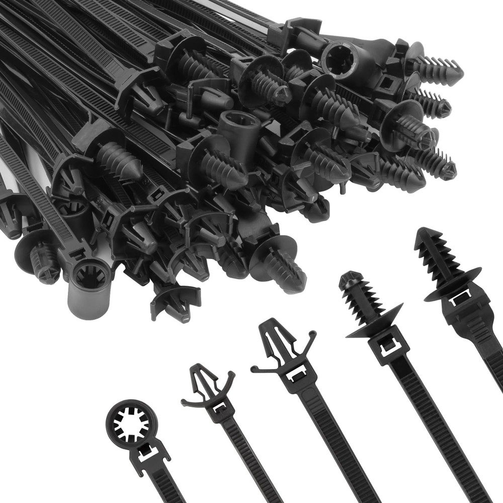 110 Heavy-Duty UV-Resistant Black Push Mount Cable Zip Ties in Assorted Sizes