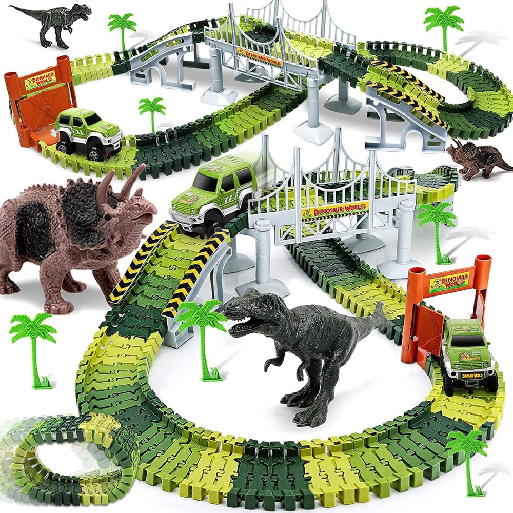 Dinosaur Toys for 3-7+ Year Old Boys Girls, Flexible Tracks Race Car Set, World
