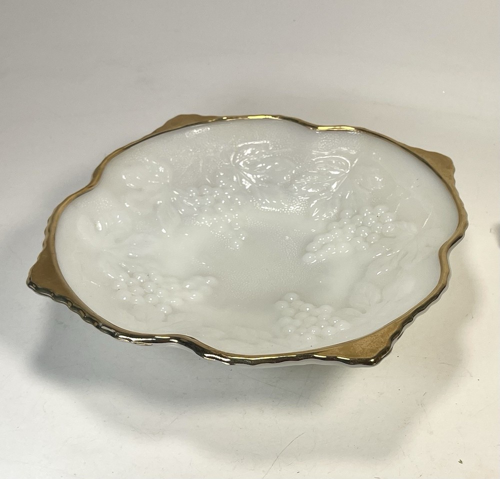 Vintage~White Milk Glass Serving Bowl With Gold Trim~Grapes & Leaf Design