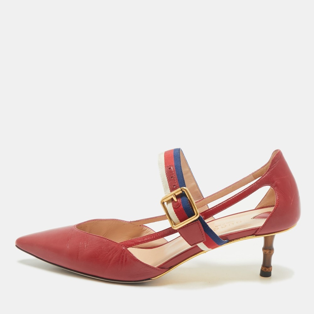 Gucci Sylvie Red Leather Bamboo Heel Pumps Size 38 Web Strap