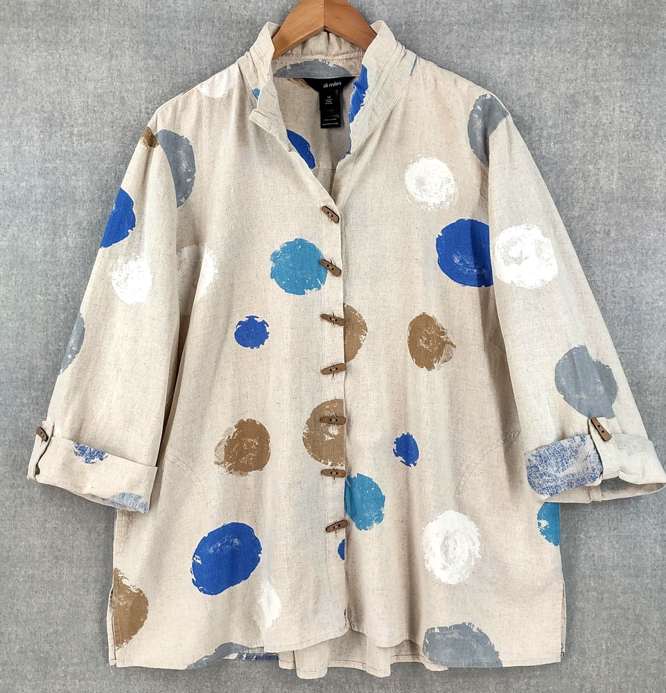 Ali Miles Linen Top Womens 1X Multicolor Abstract Artsy Lagenlook Pleated Tunic