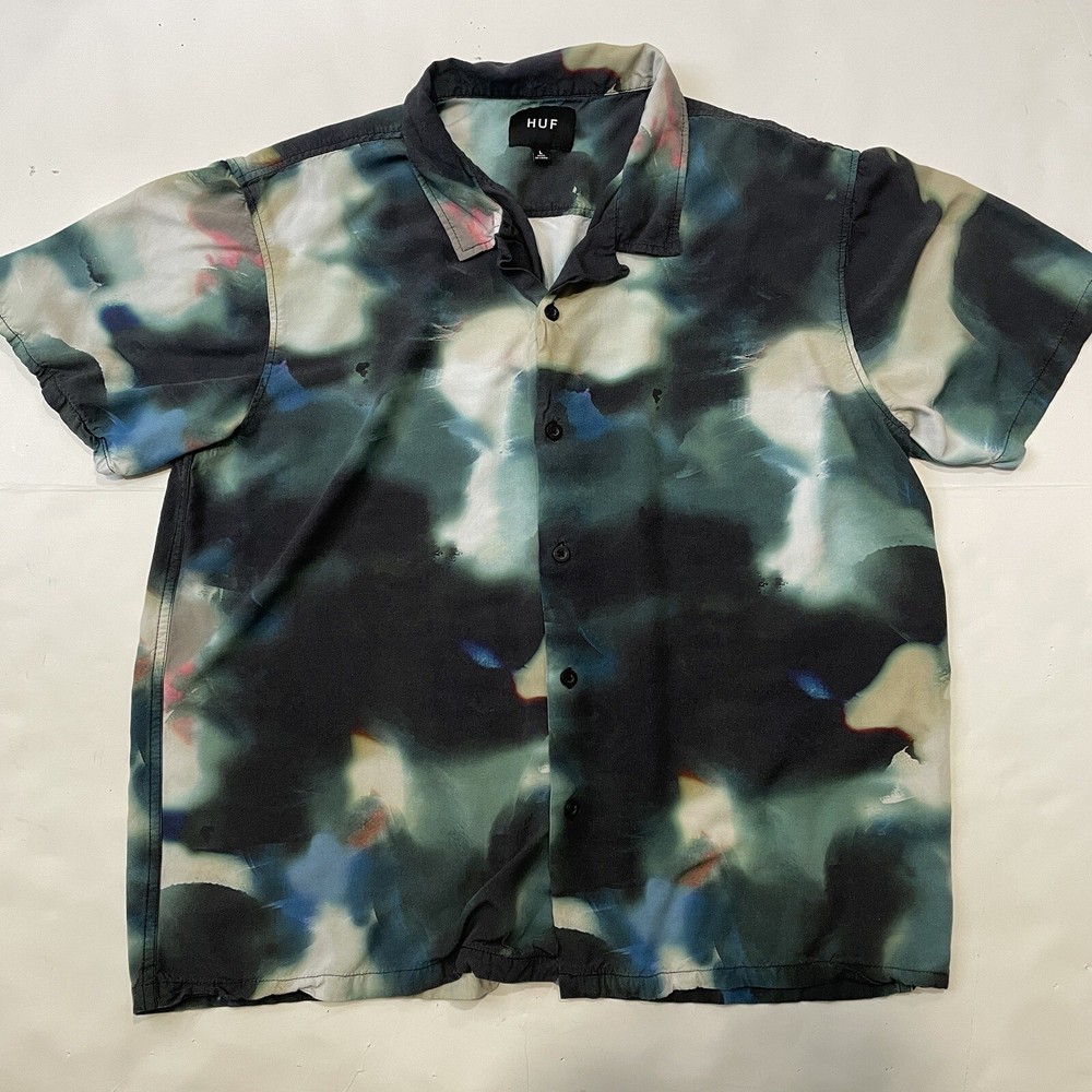 Vintage HUF Men's Rayon Camp Collar Button Down Short Sleeve Shirt Size L Fits Medium
