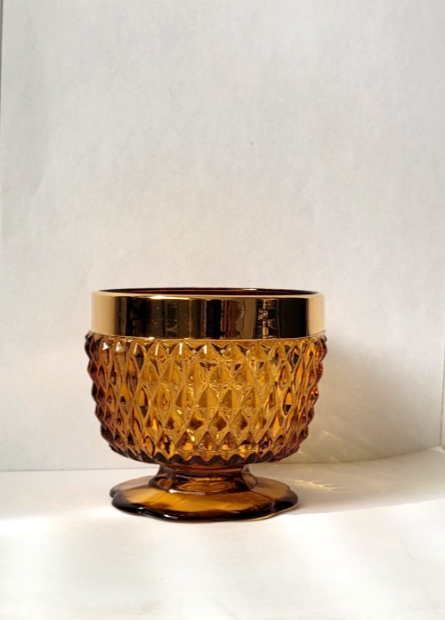 Vintag Diamond Point Amber Indian Glass Dish