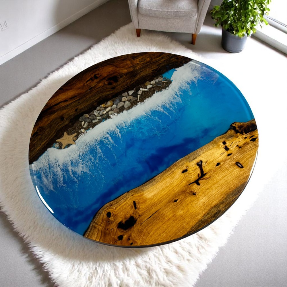 Round Ocean Wave Resin Coffee Table with Acacia Wood Base for Home & Office-image