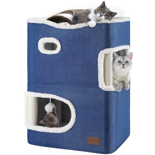 Blue 2-Tier Cat House with Indoor Cave Bed & Playhouse - Double-Sided Design
