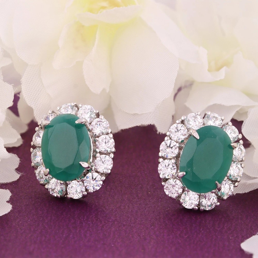 4.50ct Oval Green Emerald CZ Stud Earrings in 925 Sterling Silver  