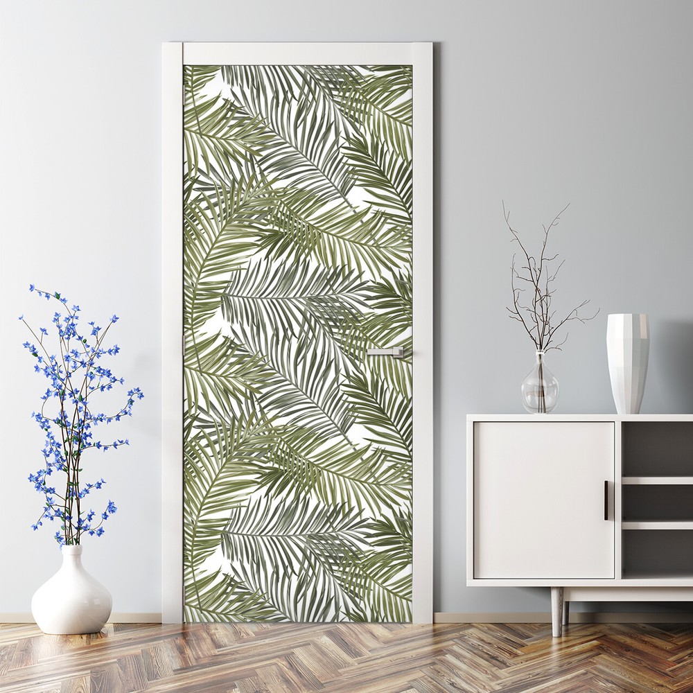 Muted exotic palm leaves Decal print Bubble Free Door sticker self adhesive