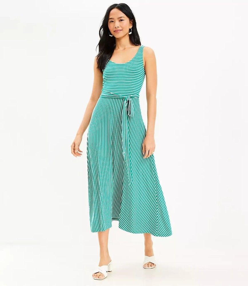 Loft Women's Petite Size XXSP Striped Tie Waist Green White Midi Dress