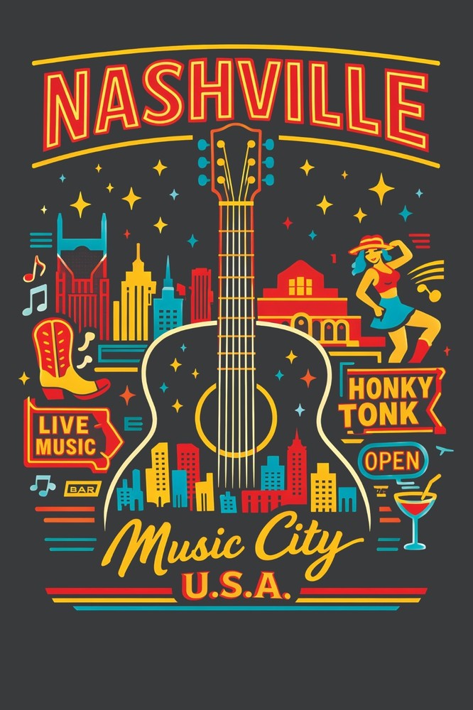 Nashville Tennessee Music City USA Retro Travel Poster Print Wall Art