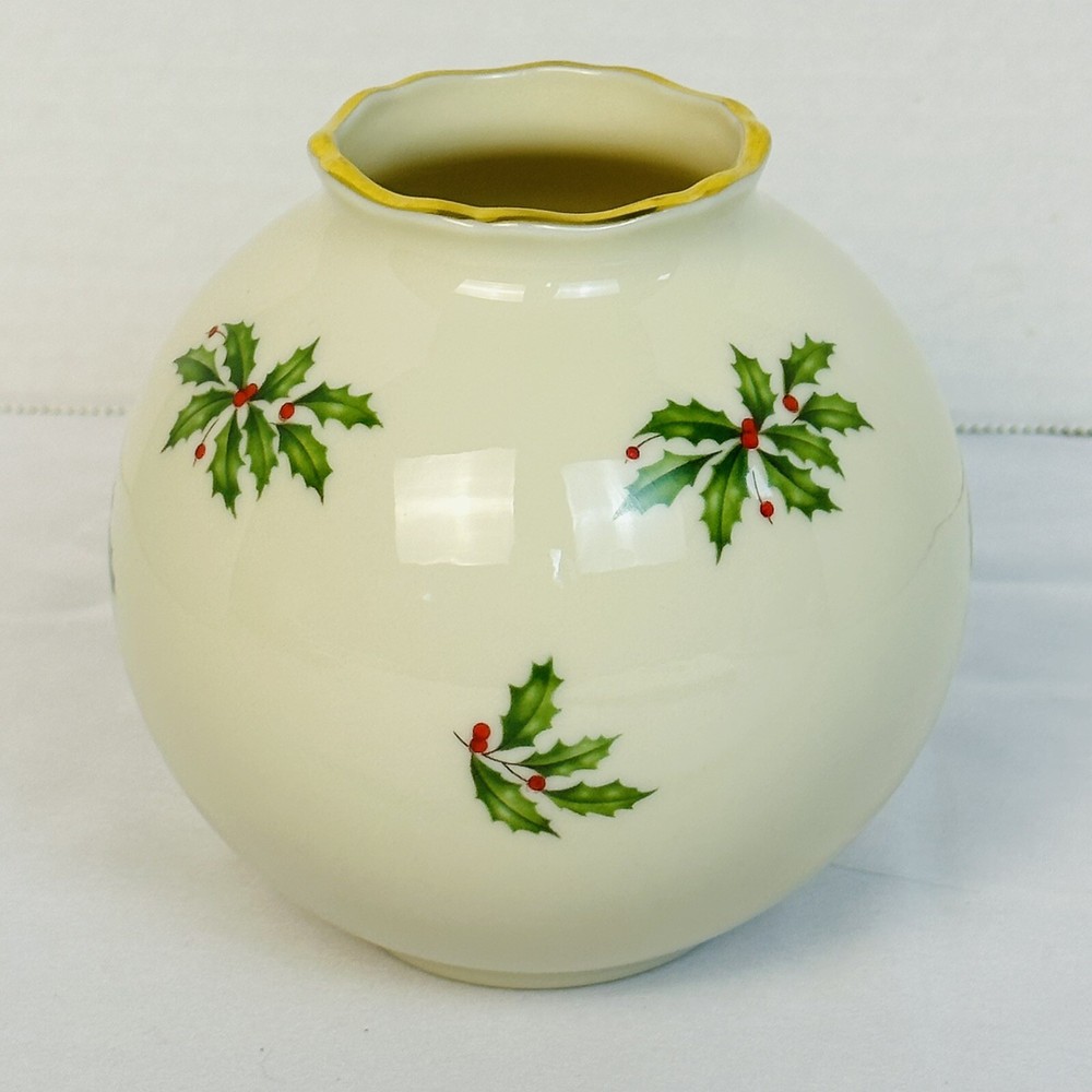 LENOX CHRISTMAS HOLIDAY HOLLY  VASE ROUND ACCENT BUD DECO 4” SMALL-image
