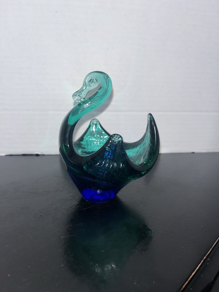 Vintage Murano Style Blown Art Glass Swan Sommerso Green Cobalt Blue