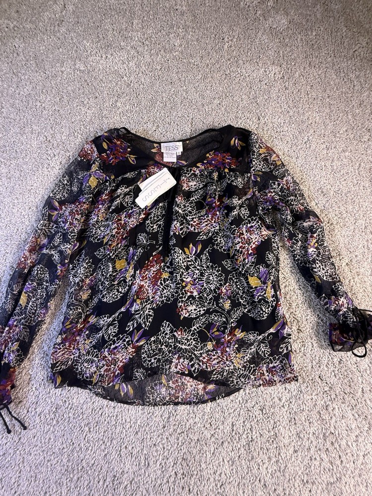 NWT Women’s 100% Silk Blouse With Attached Cami Size 10 Medium Black Floral