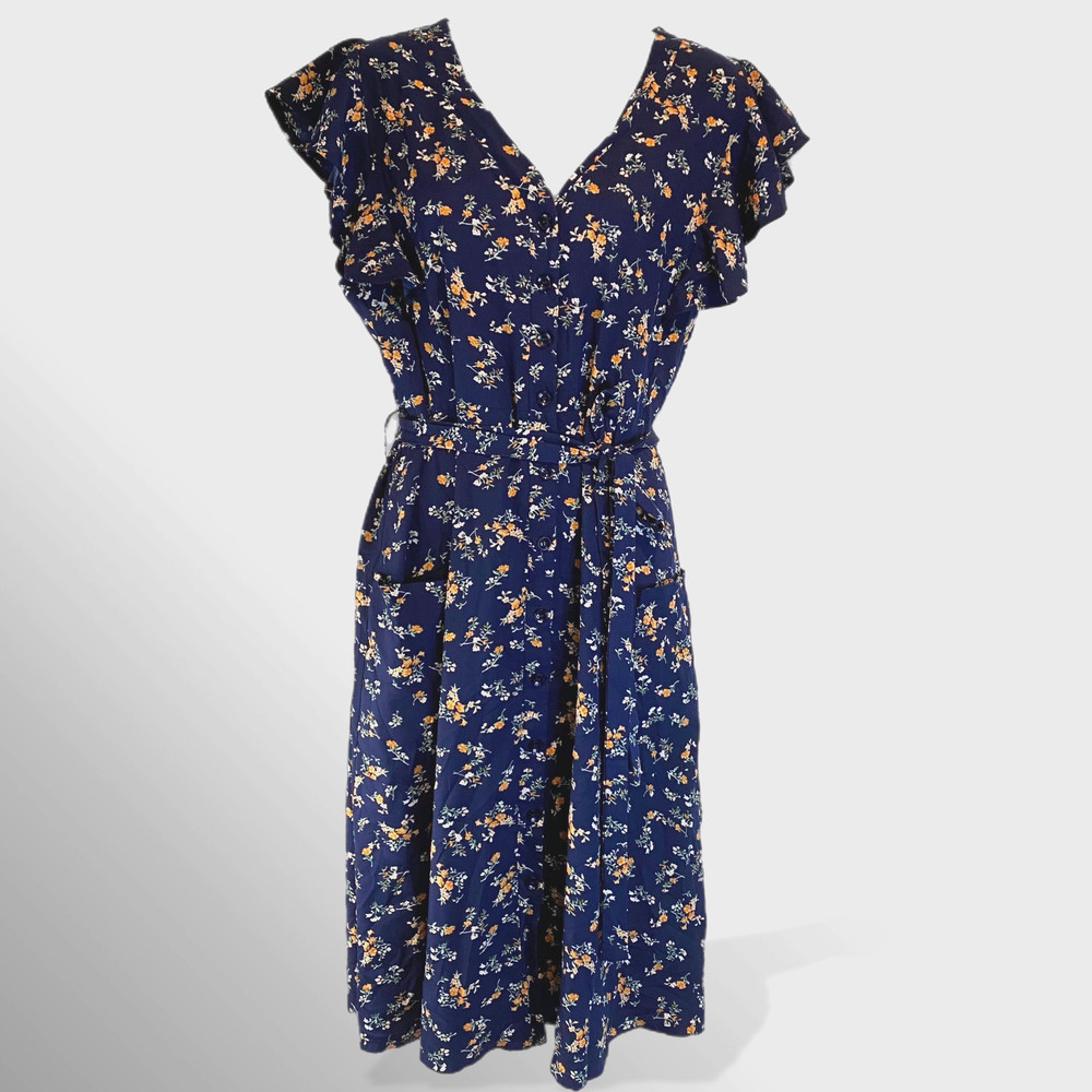 Navy Floral Flutter Sleeve Wrap Dress Tie Waist Boho Cottagecore Womens M