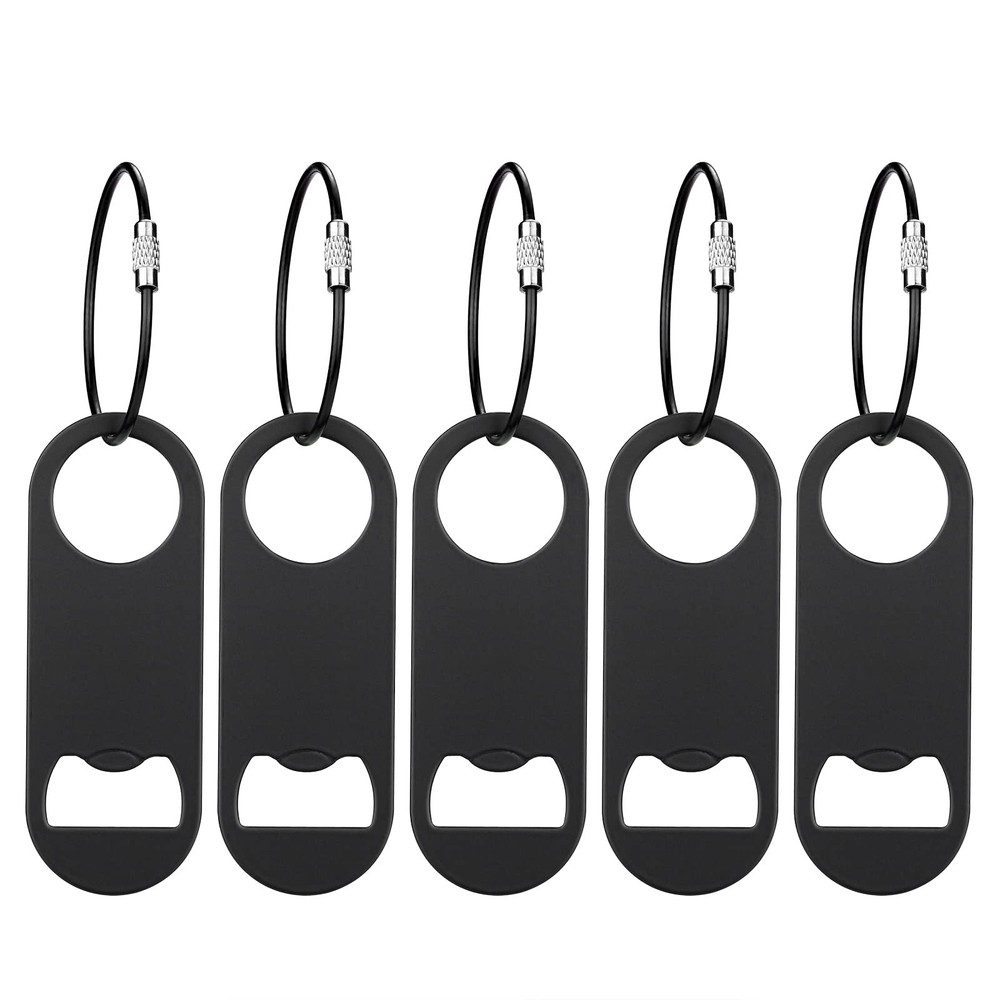 5 PACK Stainless Steel Flat Bottle Opener with Keychain- Bar 3.5 inch, Black