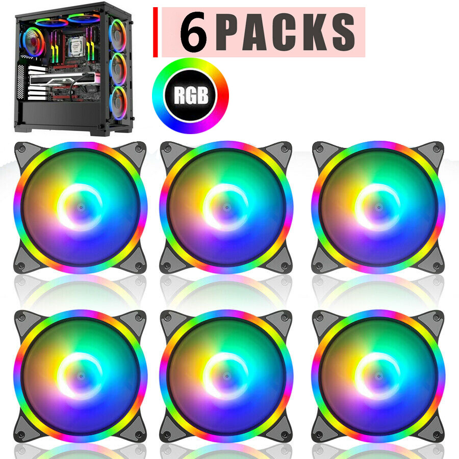 6 Packs RGB LED 120mm ARGB & PWM PC Computer Case Cooling Fans Black Frame Quiet