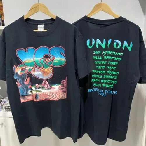 1991 YES Band Union World Tour 2 Side Cotton Black Unisex T-shirt