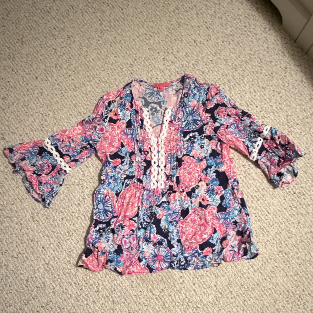 Lilly Pulitzer Floral Lace Ruffle Tunic Blouse Pink Blue White S Bell Sleeve
