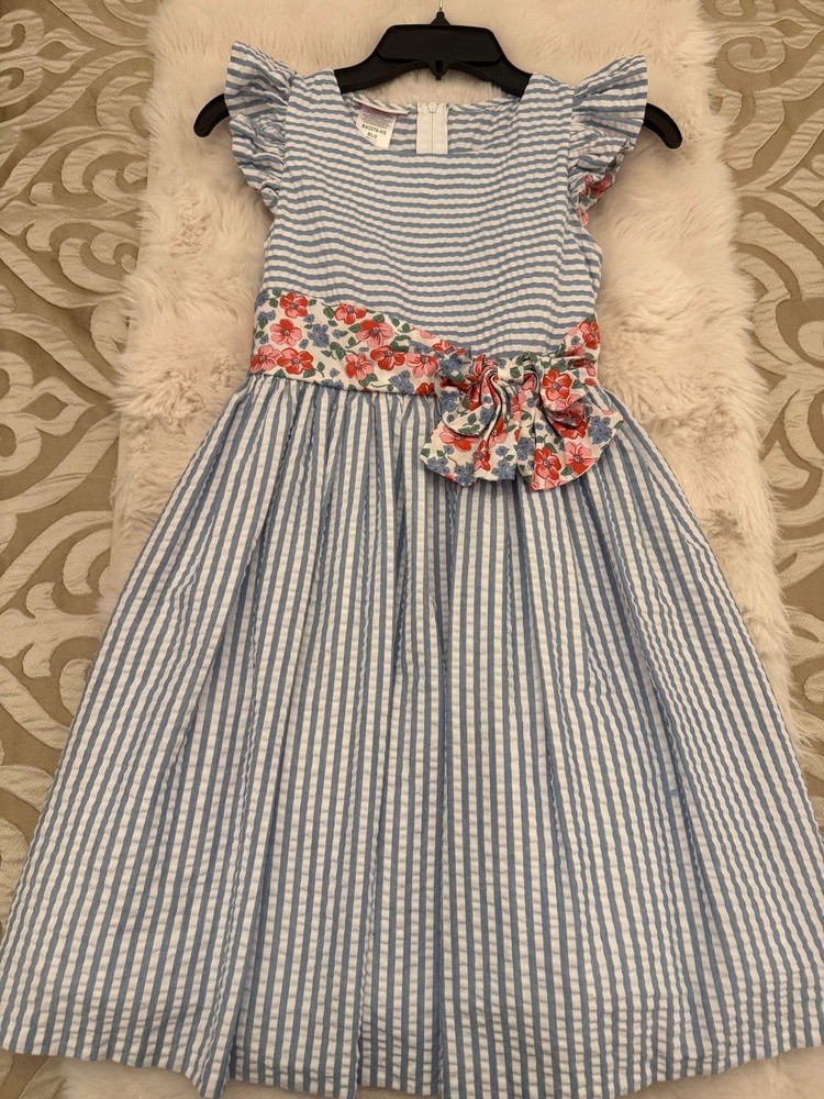Bonnie Jean Girls Seersucker Dress Size 12 Blue White Stripe Floral Bow