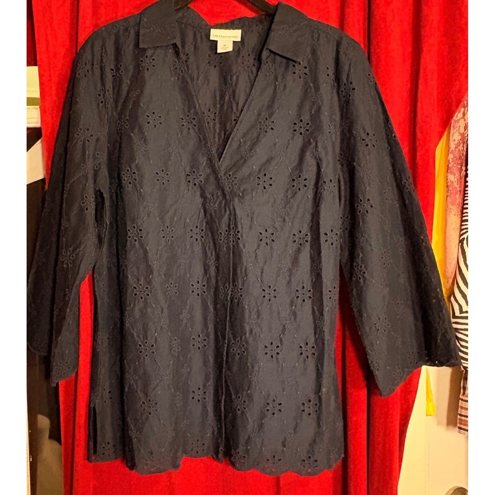 Liz Claiborne Blouse Women Medium Navy Blue Good Eyelet Floral Scalloped Hem