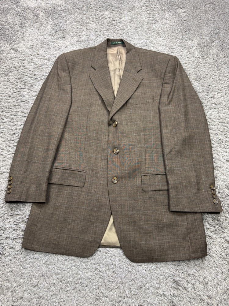 Ralph Lauren Blazer Men 39R Brown Windowpane Wool Cashmere Career Jacket Vtg