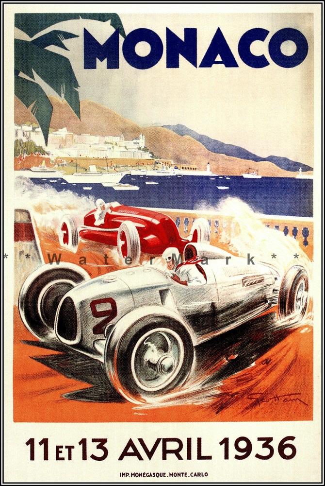 Vintage 1936 Monaco Grand Prix Car Racing Retro Poster Art Decor  