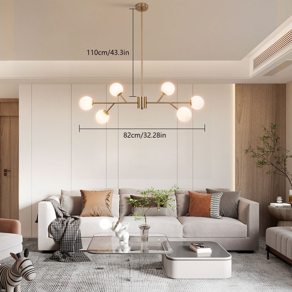 Modern 6-Light Chandelier Glass Ball Pendant Light Living Room LED Ceiling Lamp