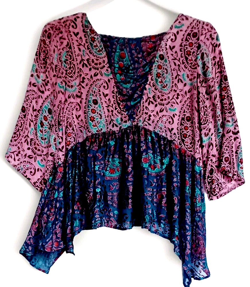 Floreat Anthro Womens Silk Velvet Burnout Top size S Multi Fairy whimsigoth Boho