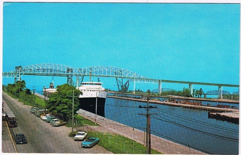 Postcard Freighter Passing Through Soo Locks Sault Ste Marie Michigan